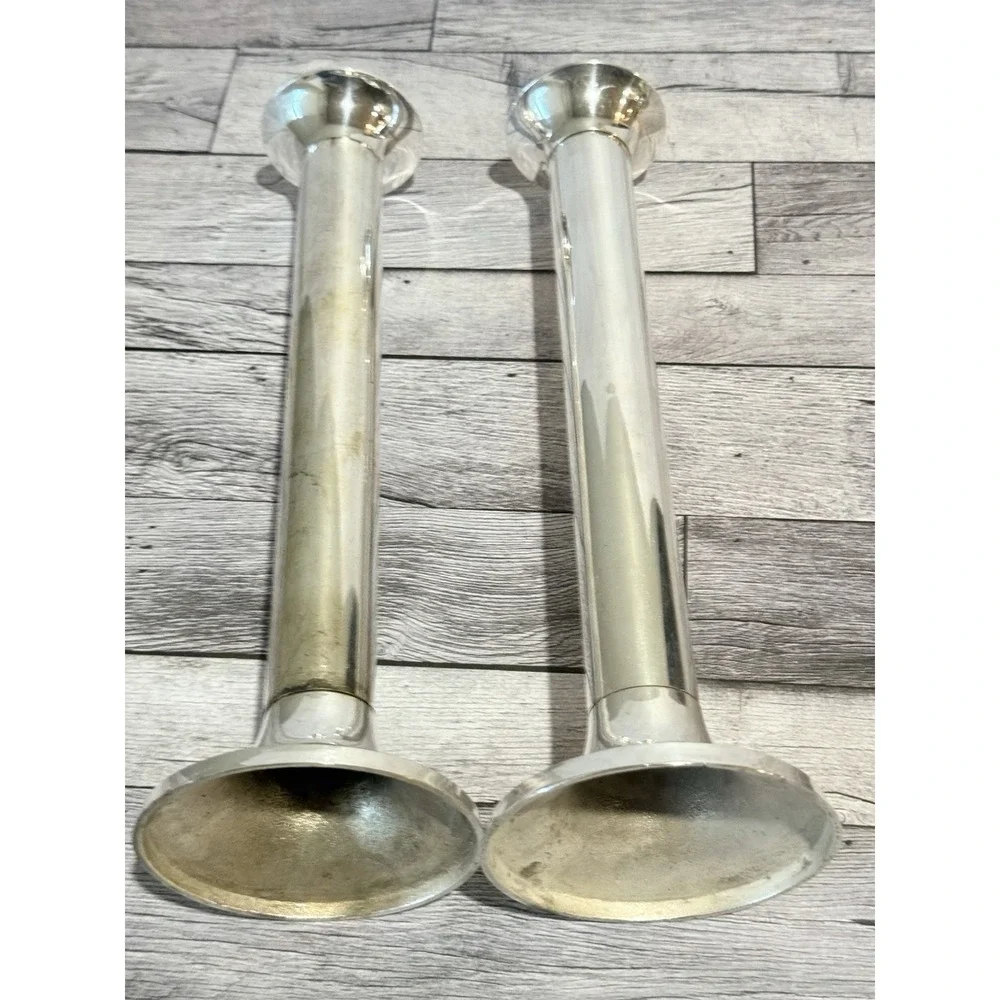 Vintage MCM Silver Plated Cylinder Candle Holders Cabochon Stone Accented Base